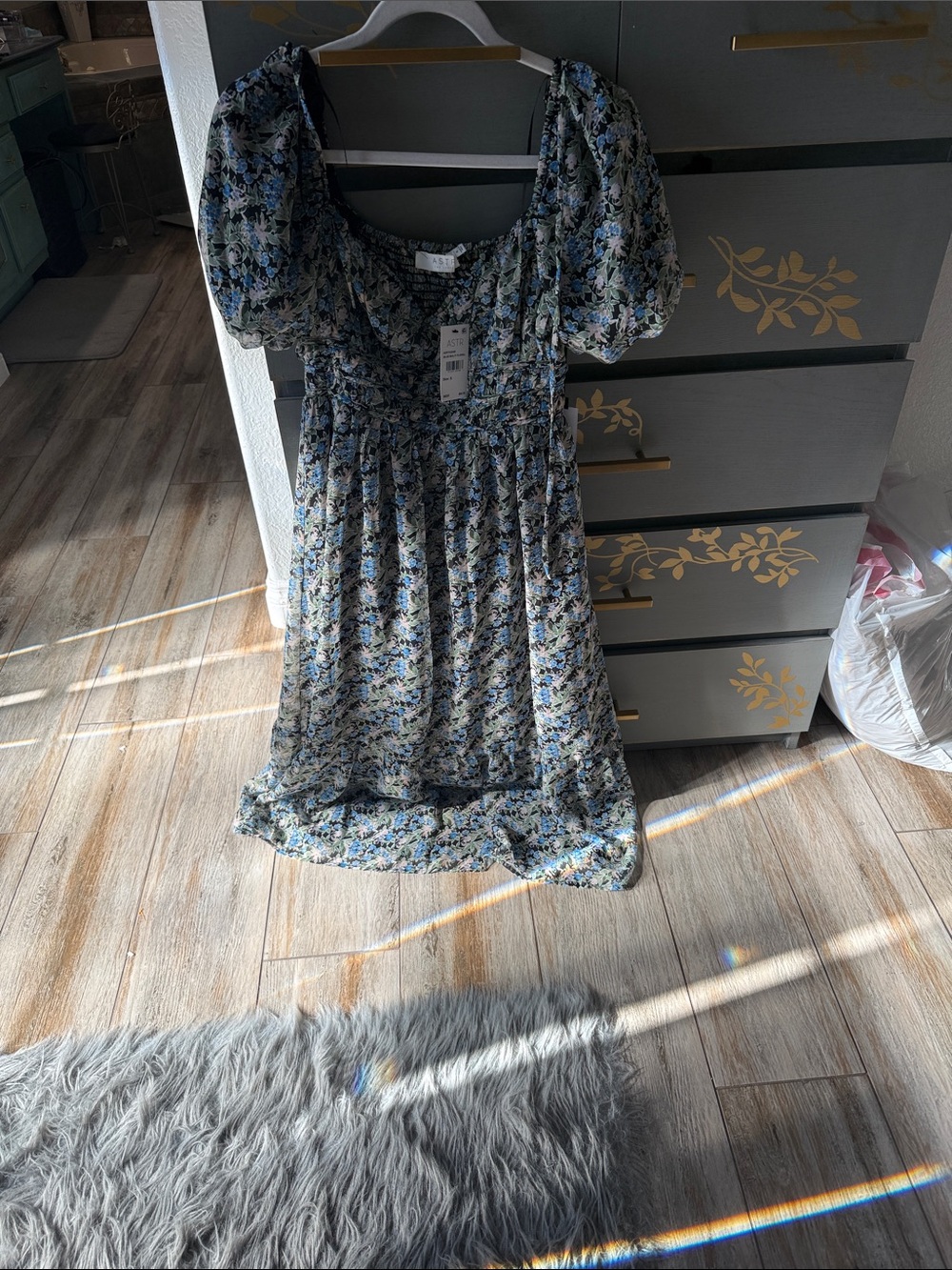 ASTR Blue Multi Floral Puff-Sleeve Square Neck Dress